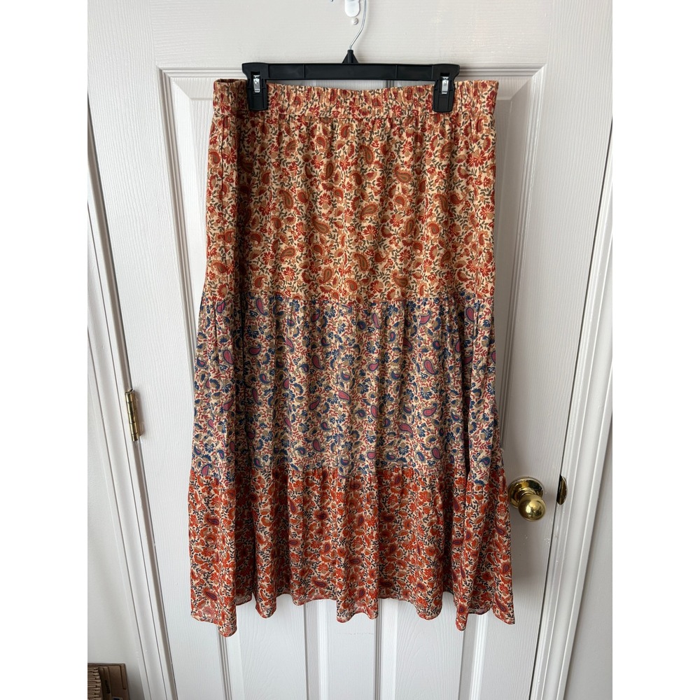 Ralph Lauren Maxi Skirt 90s Womens Orange Paisley Tiered Cotton Cottagecore Boho
